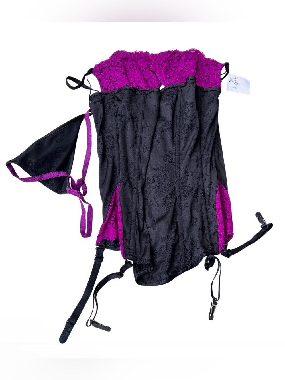 Y2K Frederick's of Hollywood Black Brocade & Purple Lace Corset With thong Size